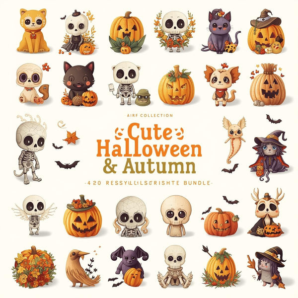 Cute Retro Halloween & Autumn Clipart Bundle – 20 PNG Designs for Sublimation, T-Shirts, Mugs, Stickers, Invitations – Commercial Use