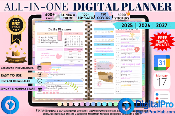 All - in - One Digital Planner 2025–2027 | 5000+ Stickers | 150 Covers | Hyperlinked PDF | iPad & Tablet Compatible | Free Yearly Updates - Digital Pro Hub