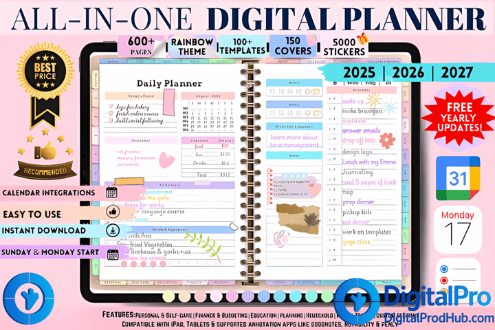 All - in - One Digital Planner 2025–2027 | 5000+ Stickers | 150 Covers | Hyperlinked PDF | iPad & Tablet Compatible | Free Yearly Updates - Digital Pro Hub